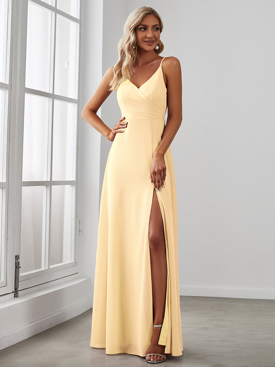 Pleated V-Neck Spaghetti Strap High Slit Bridesmaid Dress #color_Yellow