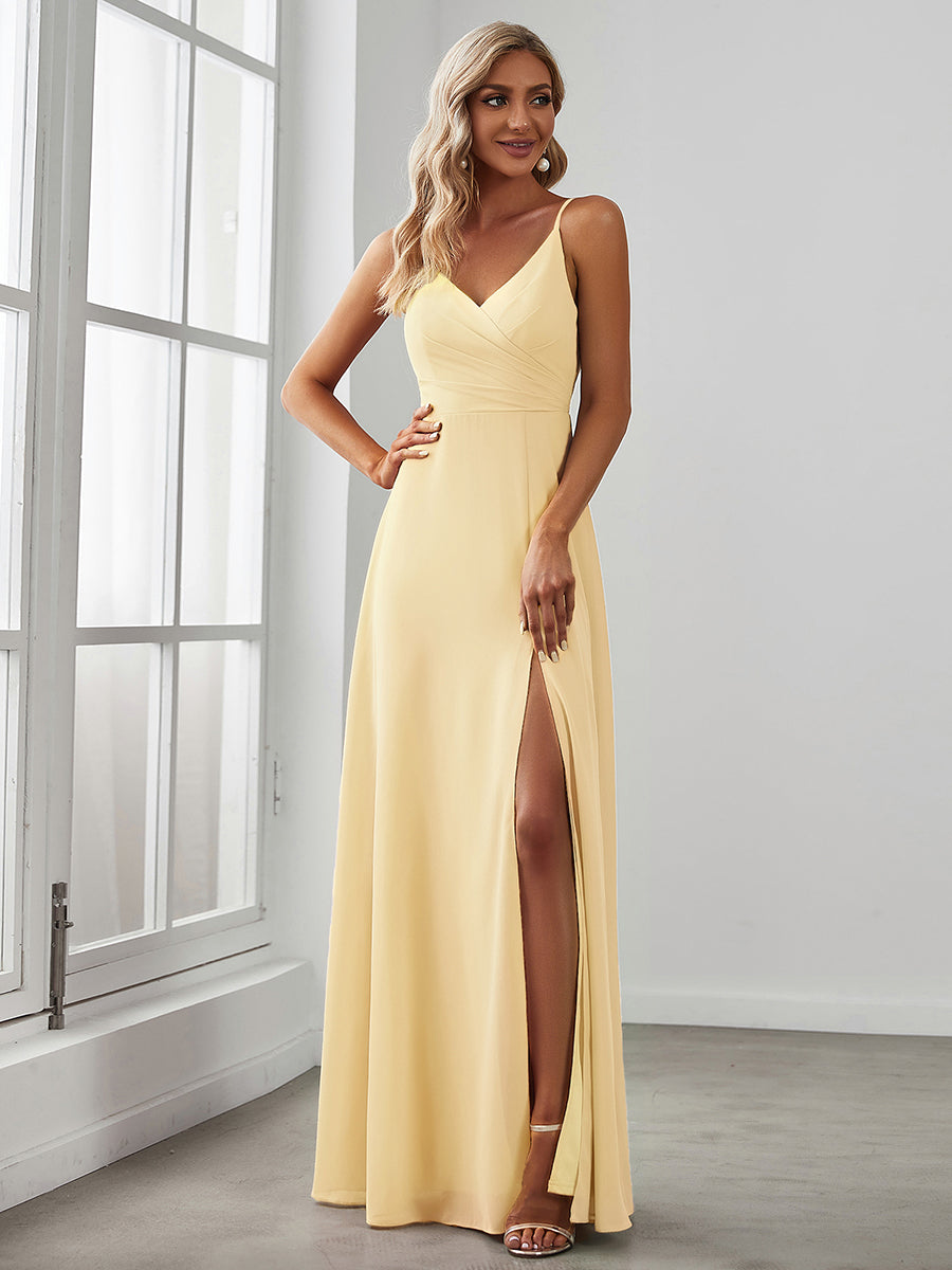 Pleated V-Neck Spaghetti Strap High Slit Bridesmaid Dress #color_Yellow