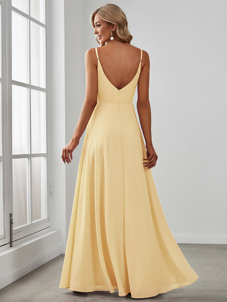 Pleated V-Neck Spaghetti Strap High Slit Bridesmaid Dress #color_Yellow