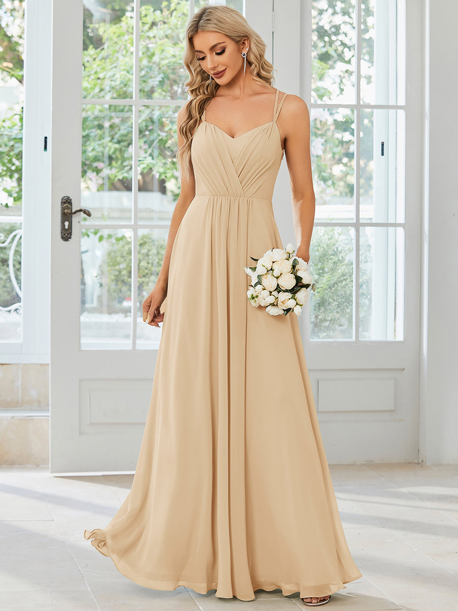 Chiffon and Lace Open Back Spaghetti Straps Bridesmaid Dress #color_Champagne