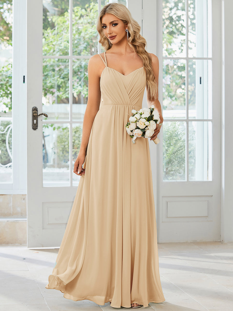 Chiffon and Lace Open Back Spaghetti Straps Bridesmaid Dress #color_Champagne