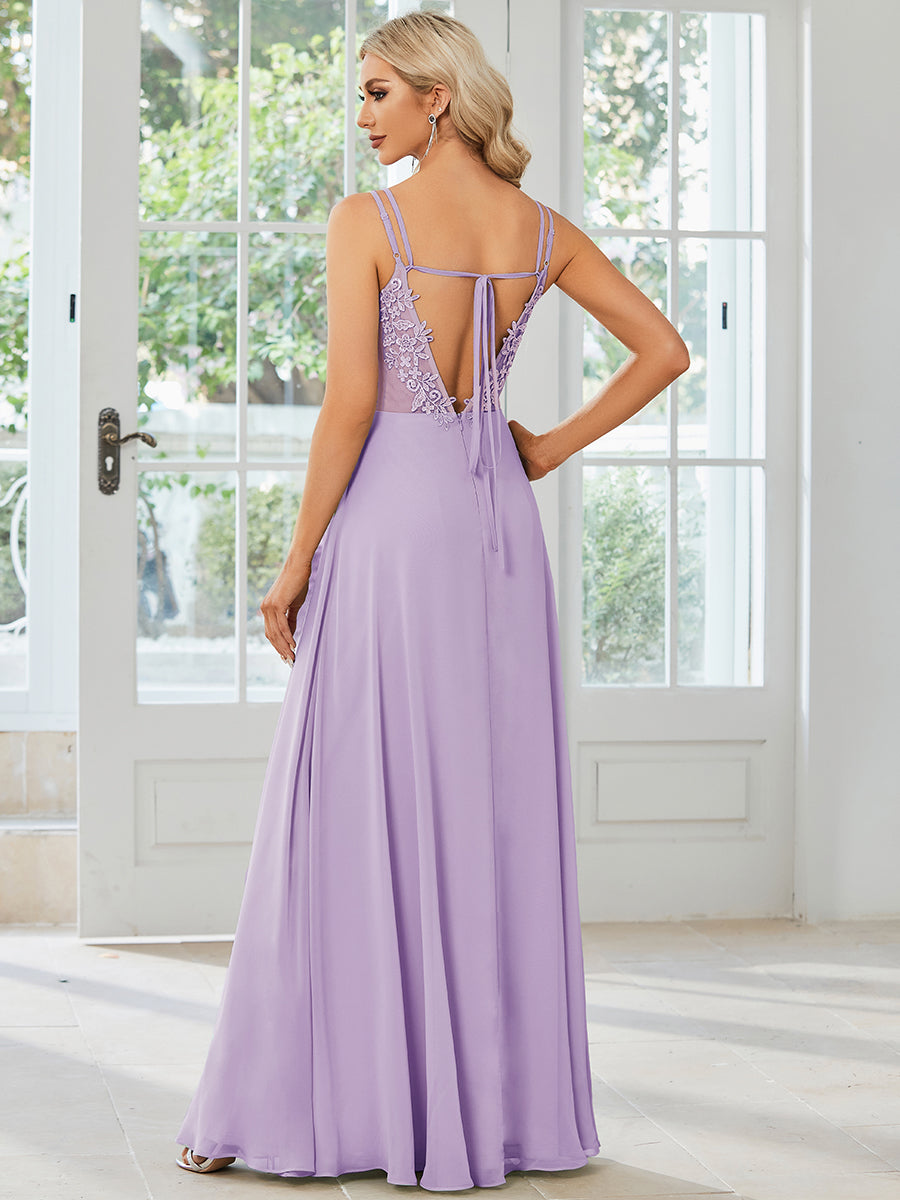 Chiffon and Lace Open Back Spaghetti Straps Bridesmaid Dress #color_Frosted Lilac