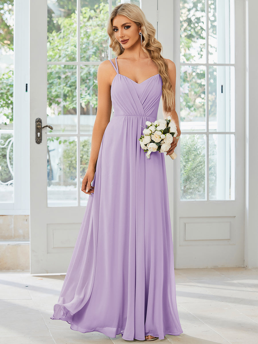 Chiffon and Lace Open Back Spaghetti Straps Bridesmaid Dress #color_Frosted Lilac