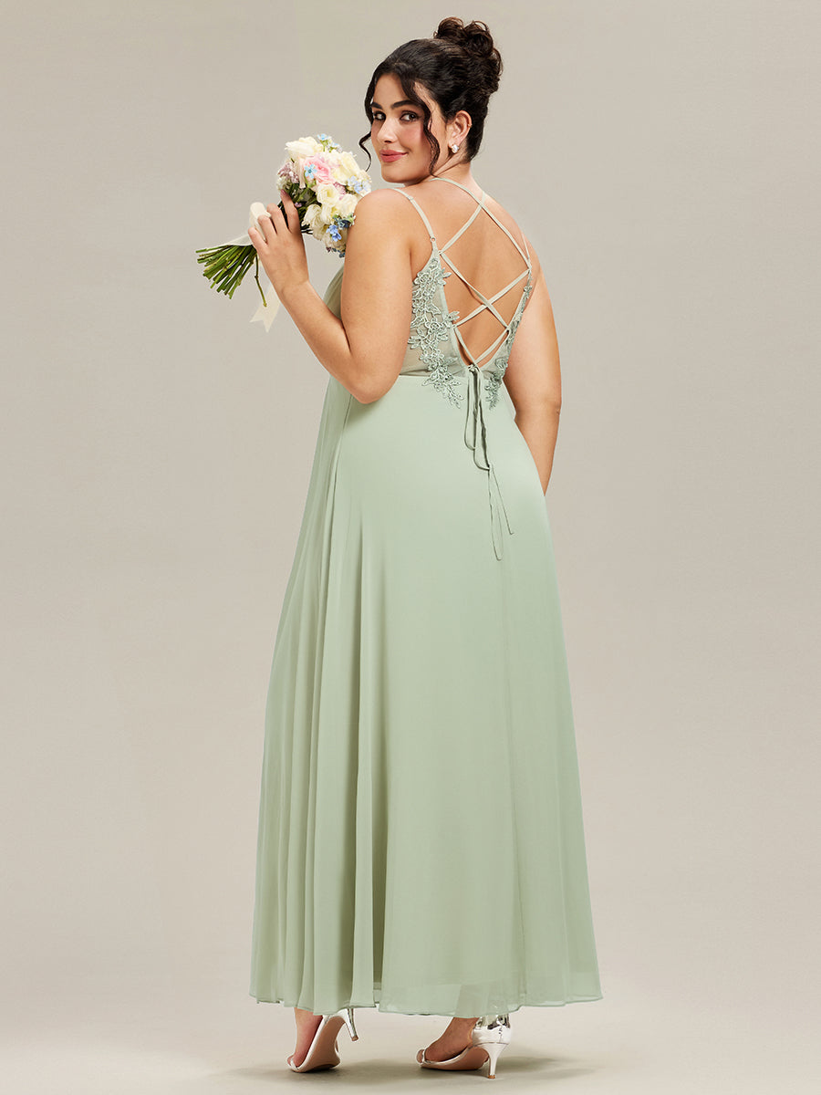 Chiffon and Lace Open Back Spaghetti Straps Bridesmaid Dress #color_Mint Green