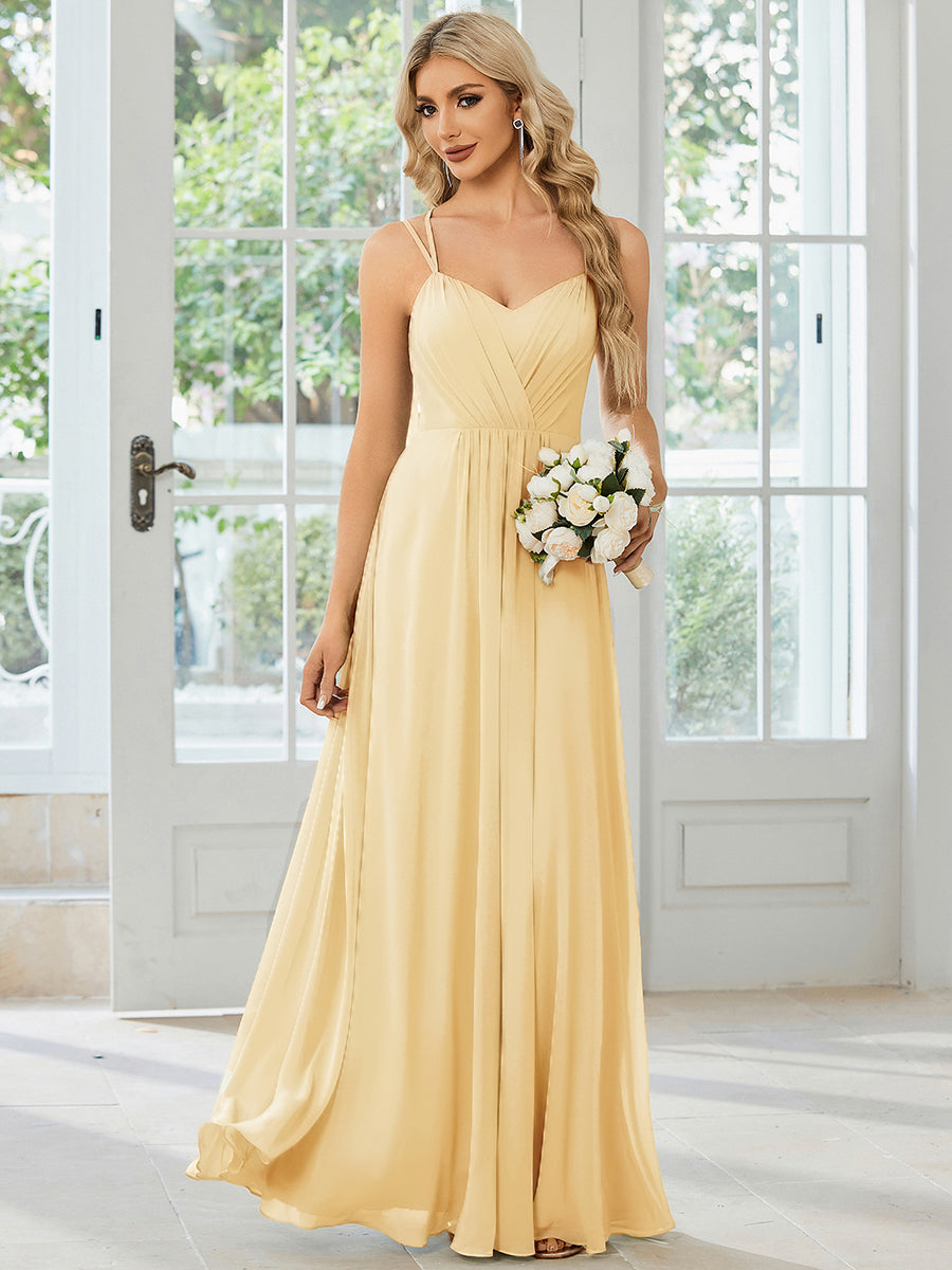 Chiffon and Lace Open Back Spaghetti Straps Bridesmaid Dress #color_Yellow