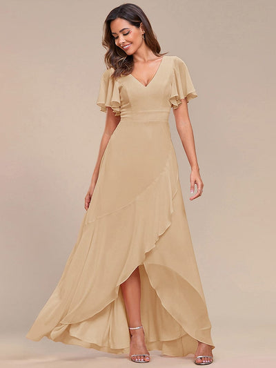 Ruffles Sleeve V-Neck Chiffon Bridesmaid Dress #color_Champagne