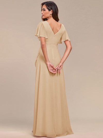 Ruffles Sleeve V-Neck Chiffon Bridesmaid Dress #color_Champagne