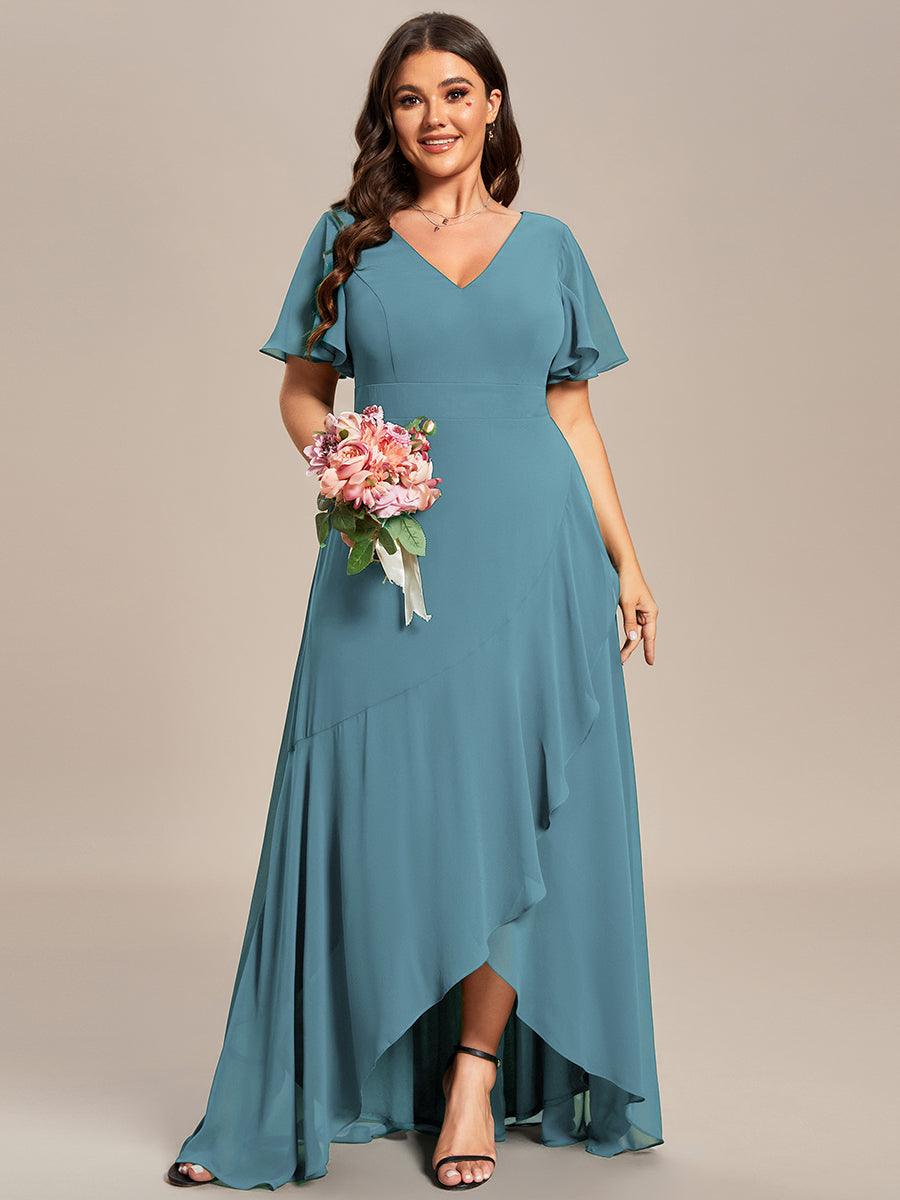 Robe demoiselle d'honneur mousseline élégante Manches lotus grande taille #Couleur_Bleu Fume