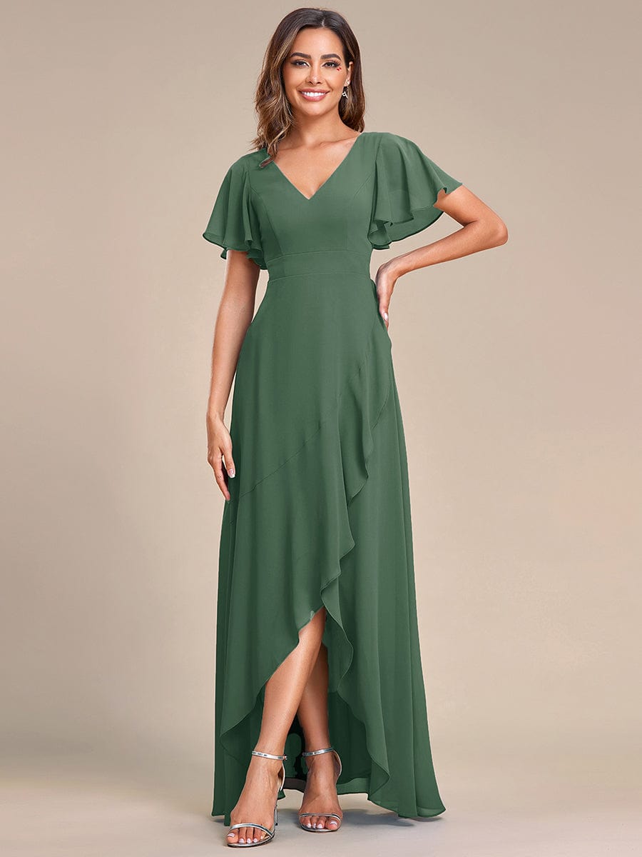 Ruffles Sleeve V-Neck Chiffon Bridesmaid Dress #color_Eucalyptus