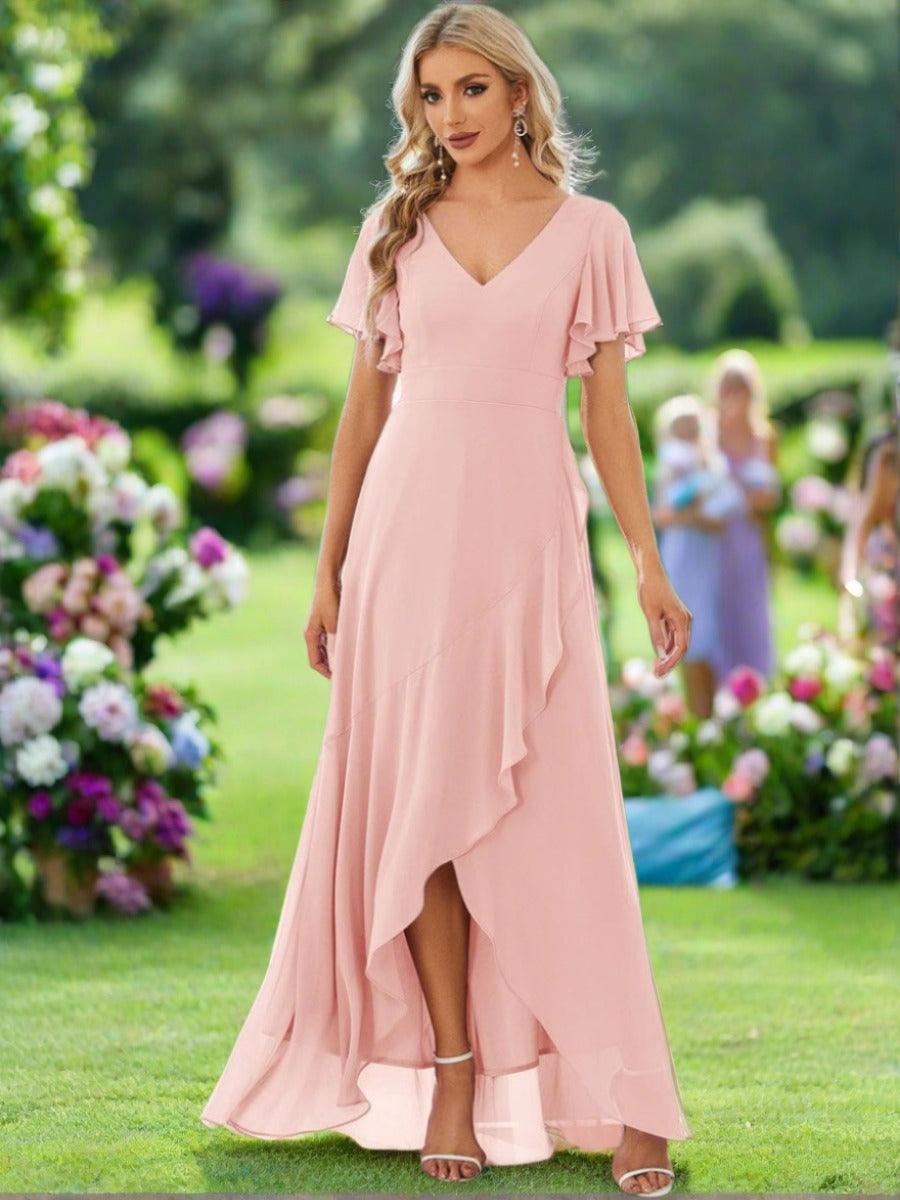 Charming Chiffon Bridesmaid Dress with Lotus Leaf Hemline #color_Pink