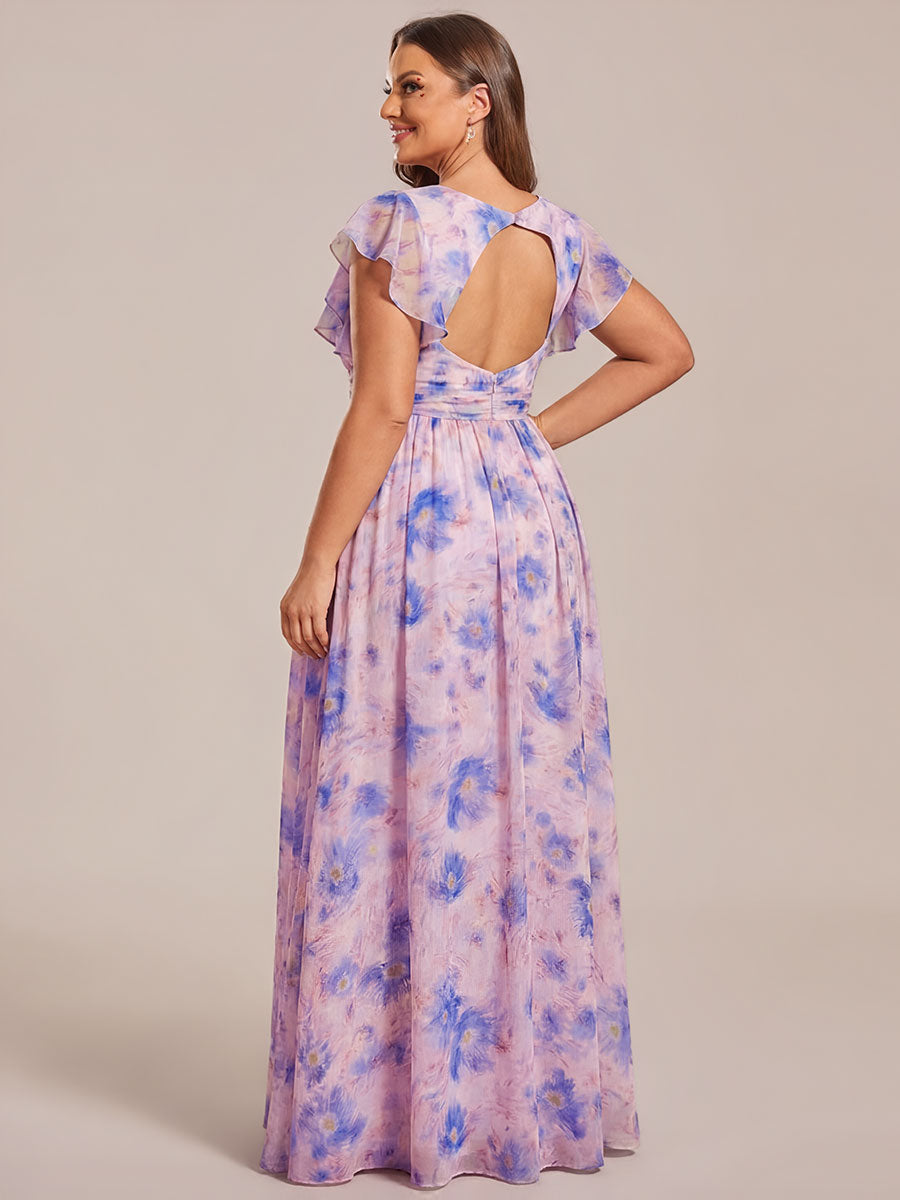 Back Cutout A-Line Pleated Ruffles Sleeve Chiffon Bridesmaid Dress #color_Azure Bream