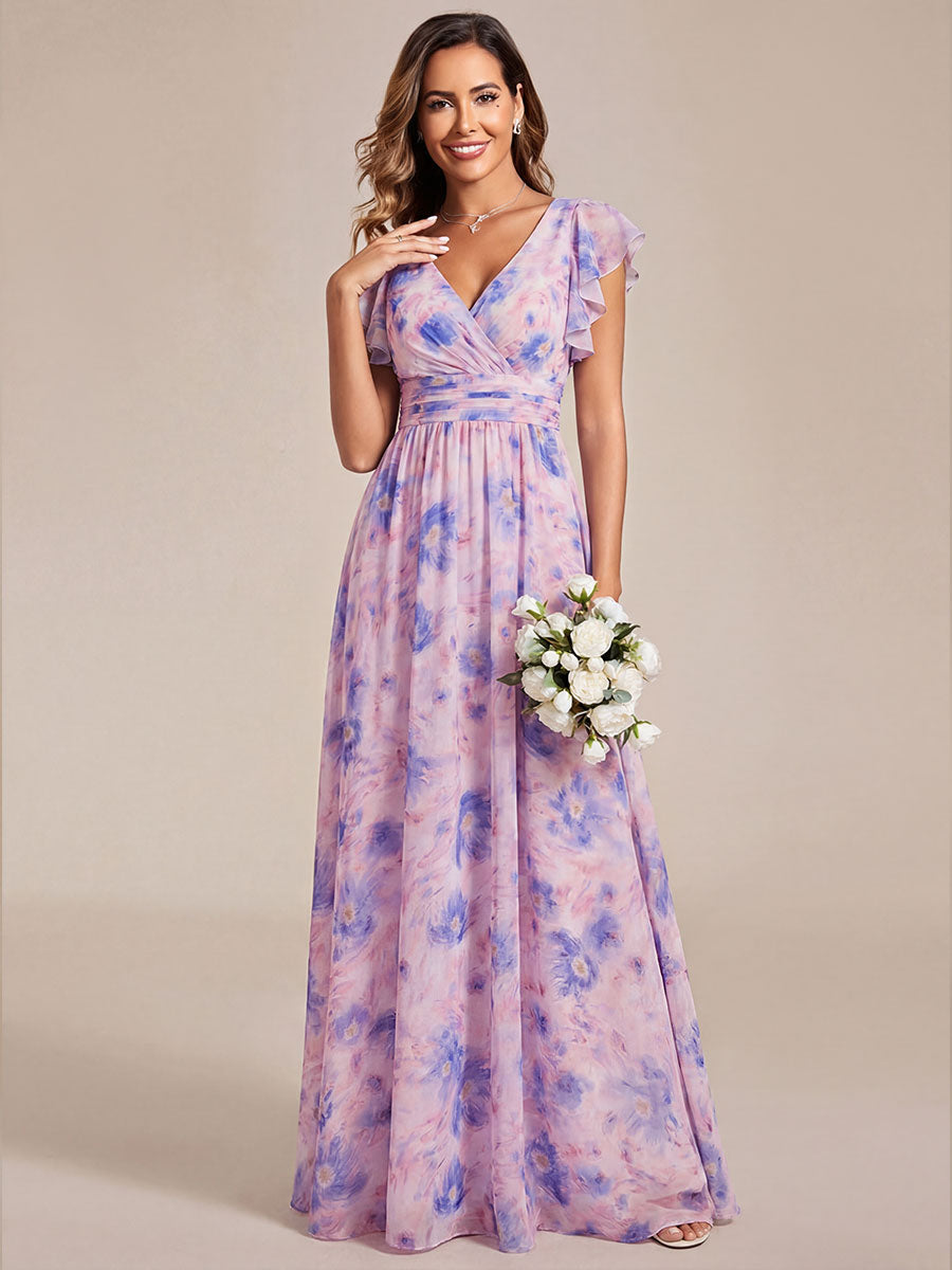 Back Cutout A-Line Pleated Ruffles Sleeve Chiffon Bridesmaid Dress #color_Azure Bream