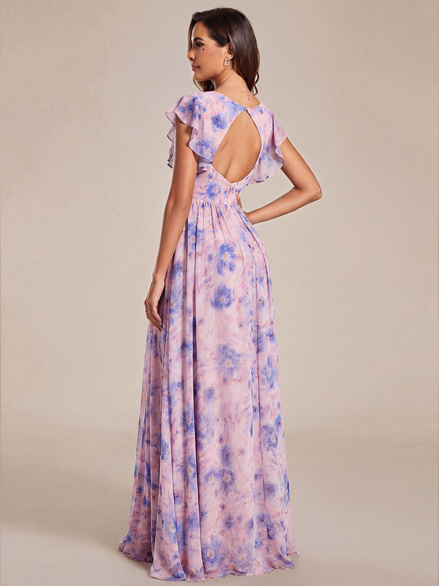 Pleated Chiffon Ruffle Sleeve Bridesmaid Dress #color_Azure Bream