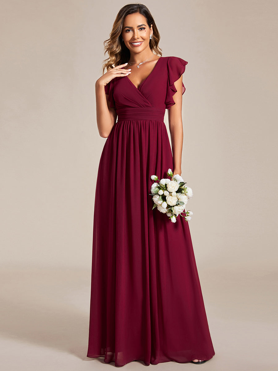 Pleated Chiffon Ruffle Sleeve Bridesmaid Dress #color_Burgundy