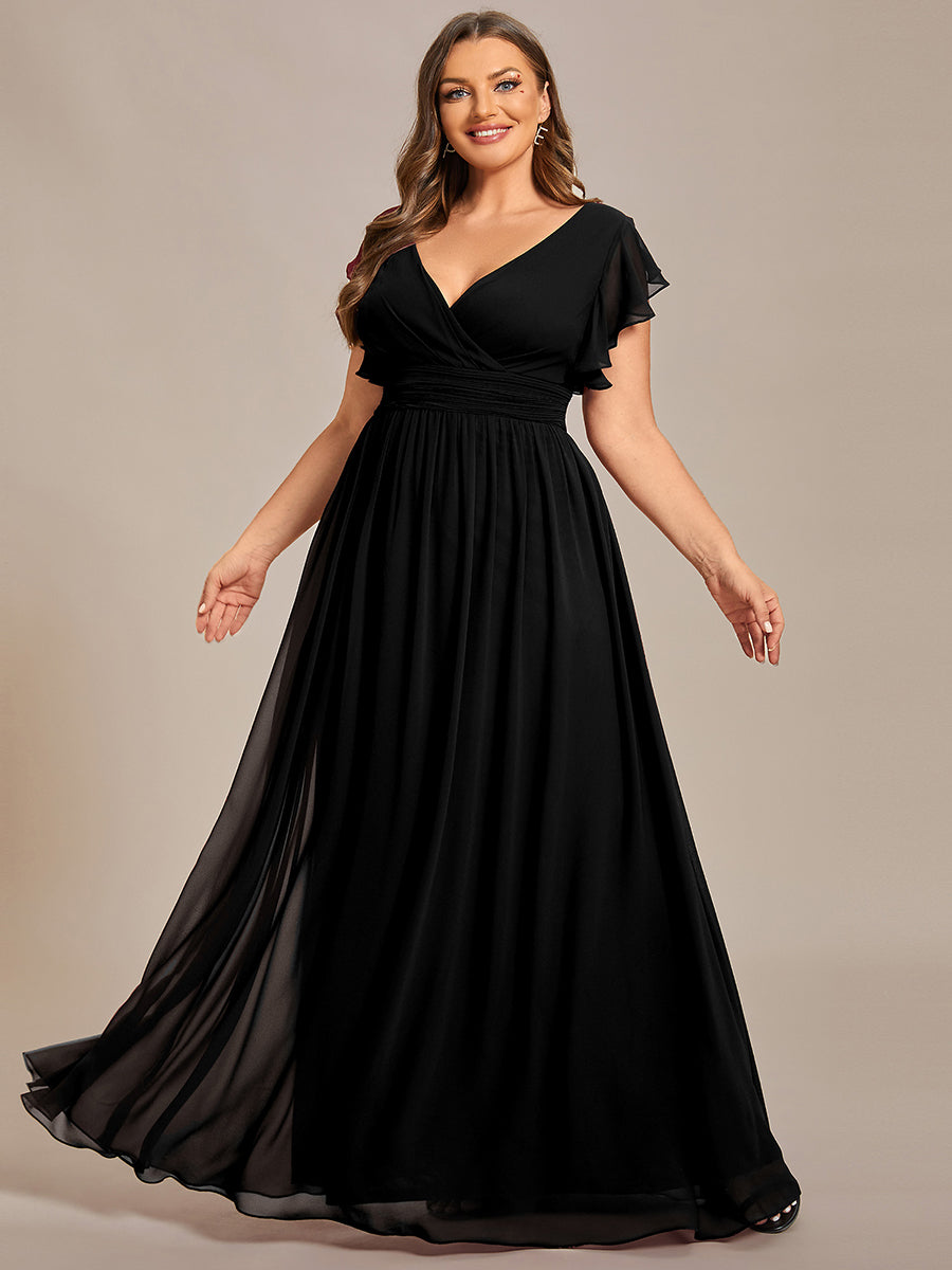 Pleated Chiffon Ruffle Sleeve Bridesmaid Dress #color_Black