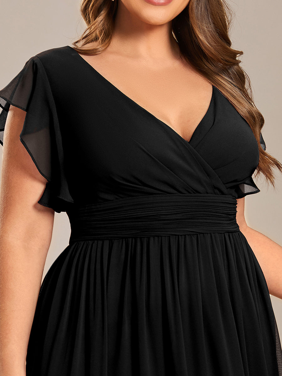 Pleated Chiffon Ruffle Sleeve Bridesmaid Dress #color_Black