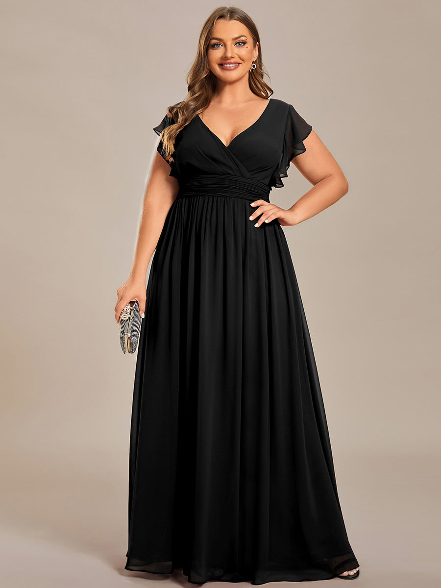 Pleated Chiffon Ruffle Sleeve Bridesmaid Dress #color_Black