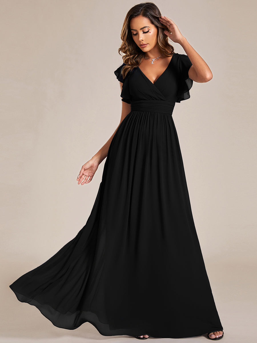 Pleated Chiffon Ruffle Sleeve Bridesmaid Dress #color_Black