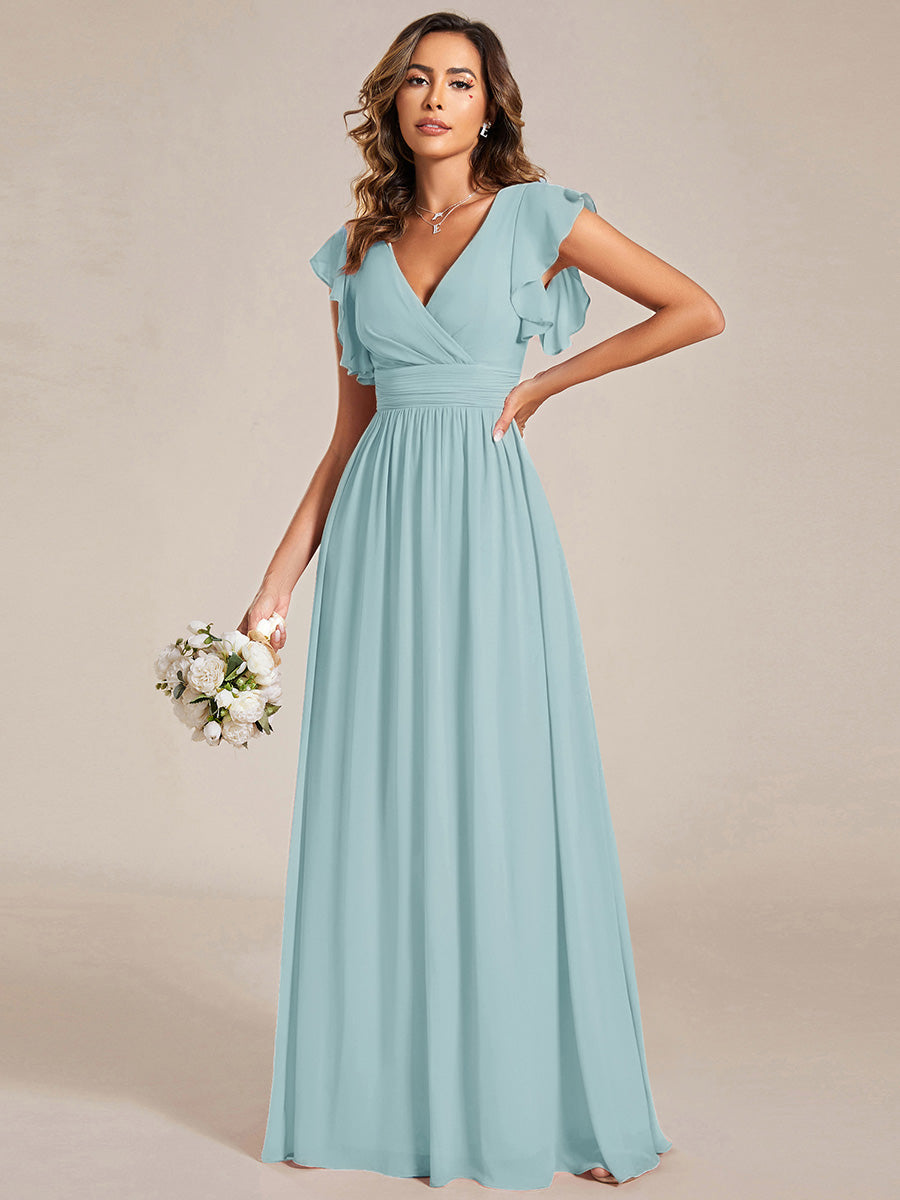 Pleated Chiffon Ruffle Sleeve Bridesmaid Dress #color_Sky Blue