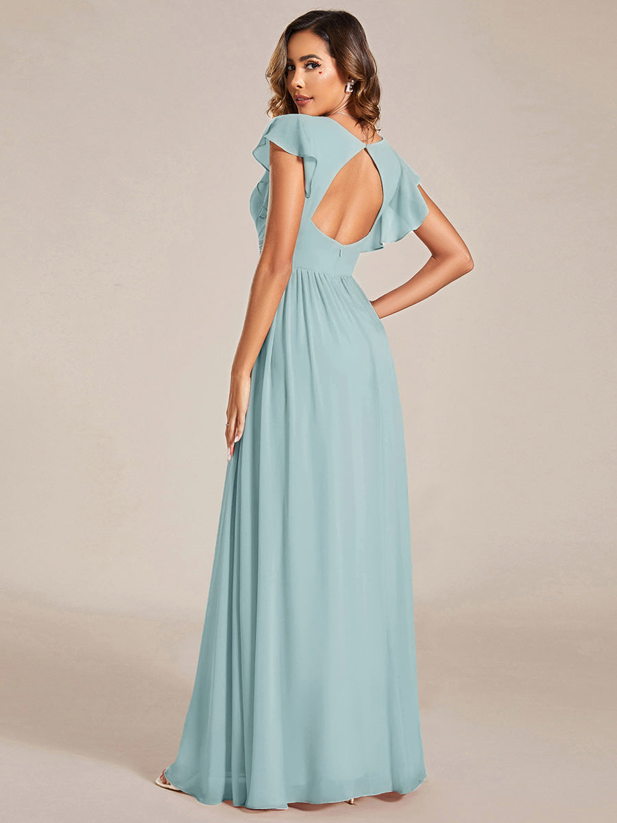 Back Cutout A-Line Pleated Ruffles Sleeve Chiffon Bridesmaid Dress #color_Sky Blue