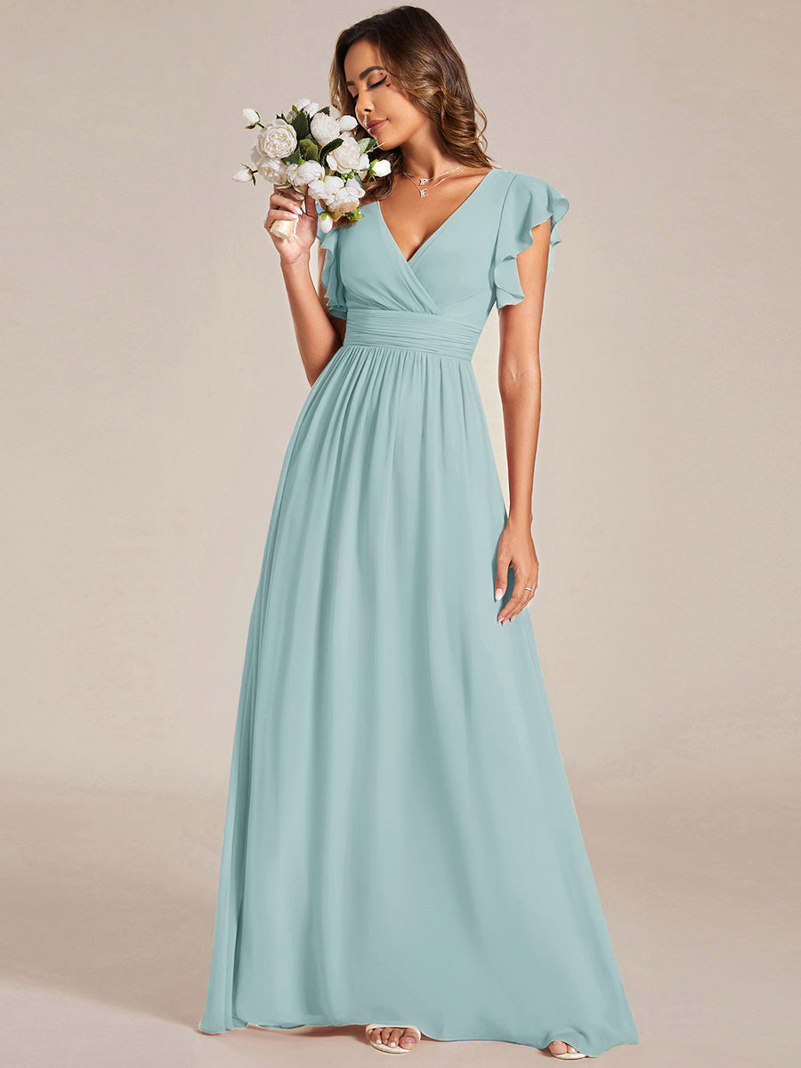 Pleated Chiffon Ruffle Sleeve Bridesmaid Dress #color_Sky Blue