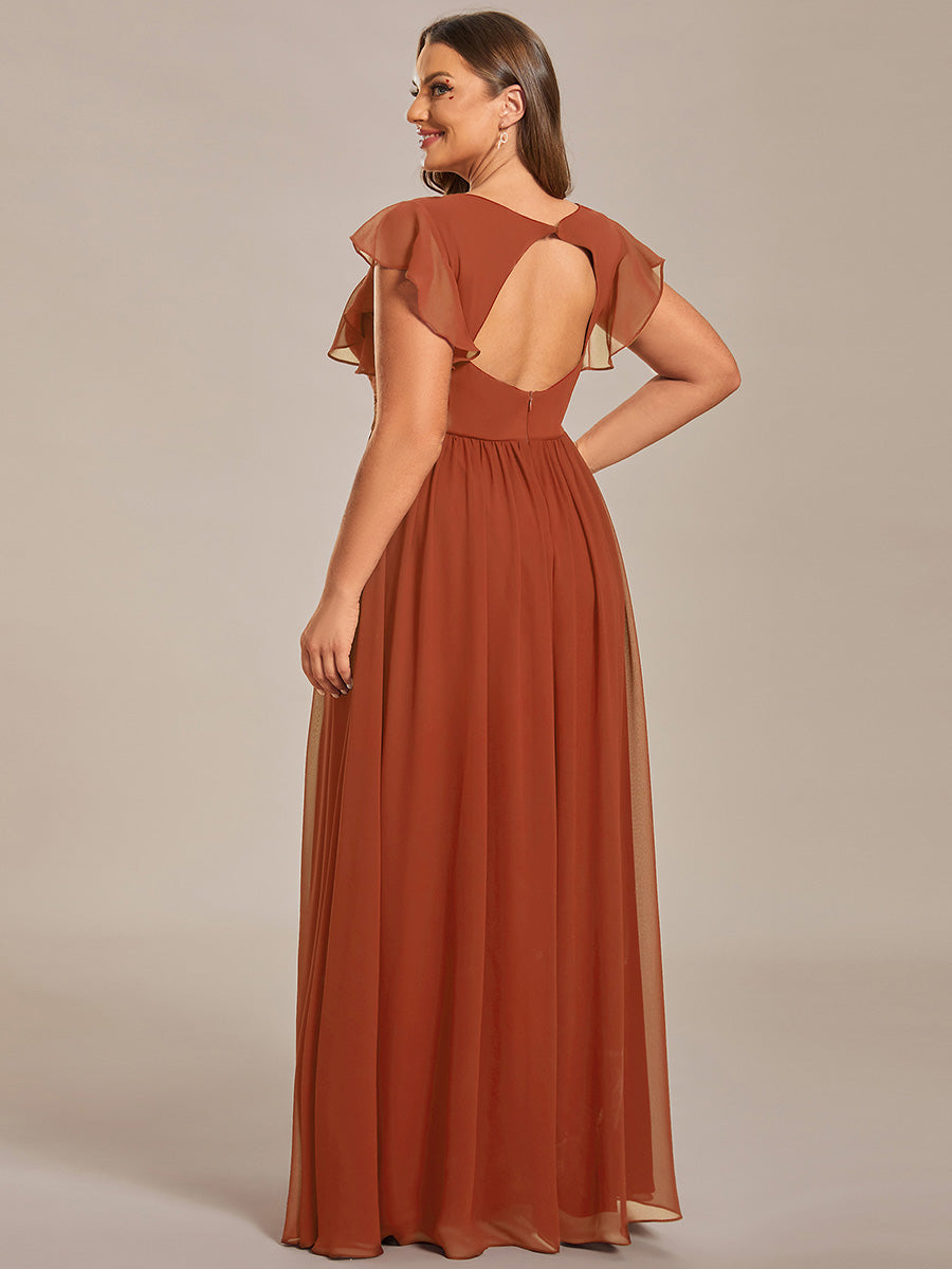 Plus Size Chiffon Pleated A-Line Back CutouT Bridesmaid Dress #color_Burnt Orange