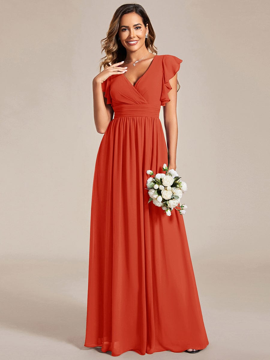 Back Cutout A-Line Pleated Ruffles Sleeve Chiffon Bridesmaid Dress #color_Burnt Orange