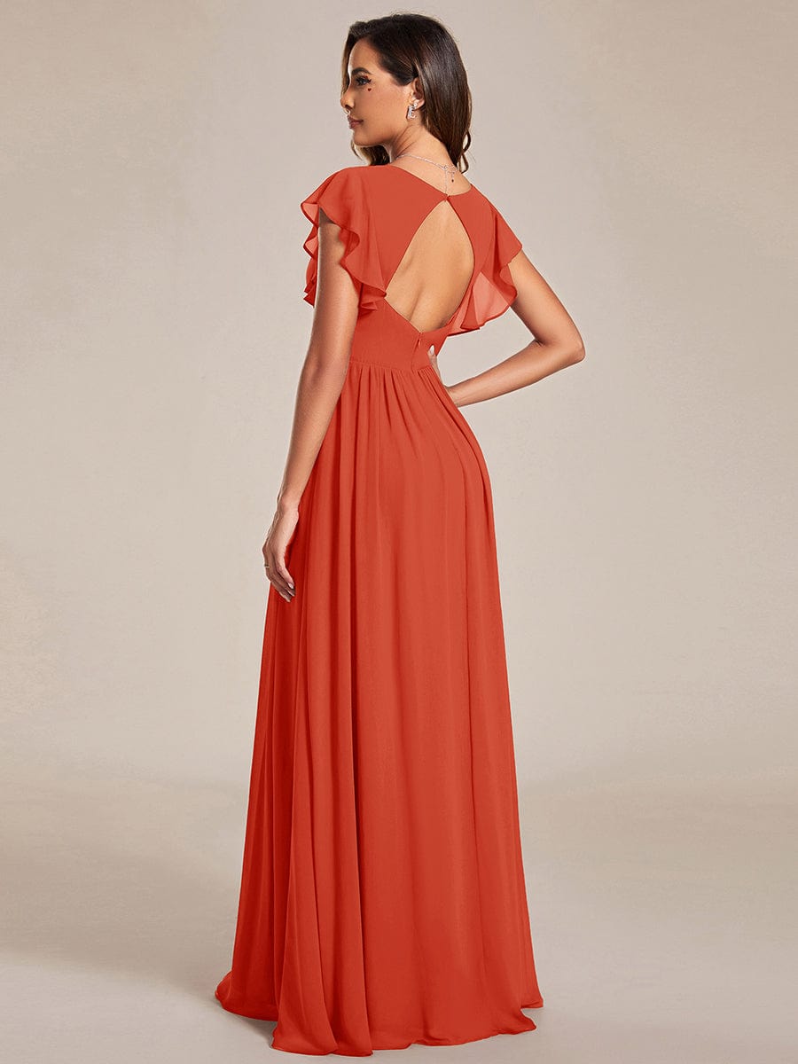 Back Cutout A-Line Pleated Ruffles Sleeve Chiffon Bridesmaid Dress #color_Burnt Orange