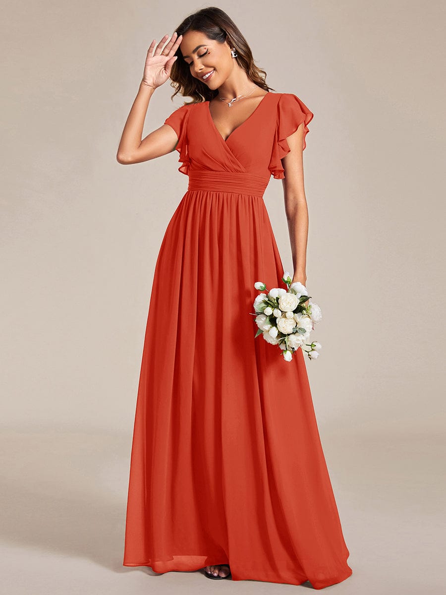 Back Cutout A-Line Pleated Ruffles Sleeve Chiffon Bridesmaid Dress #color_Burnt Orange