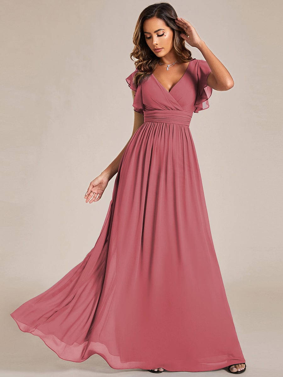 Back Cutout A-Line Pleated Ruffles Sleeve Chiffon Bridesmaid Dress #color_Cameo Brown