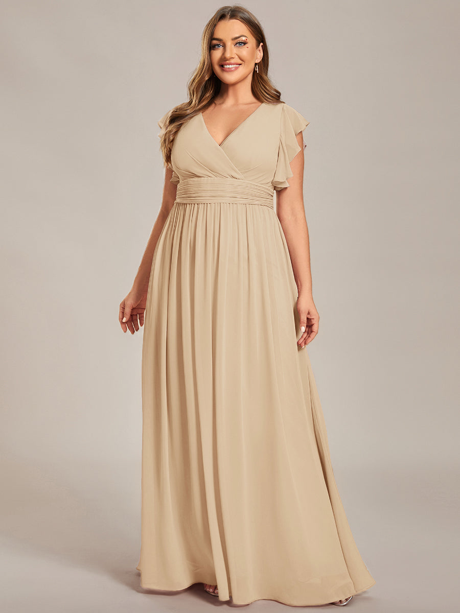 Back Cutout A-Line Pleated Ruffles Sleeve Chiffon Bridesmaid Dress #color_Champagne