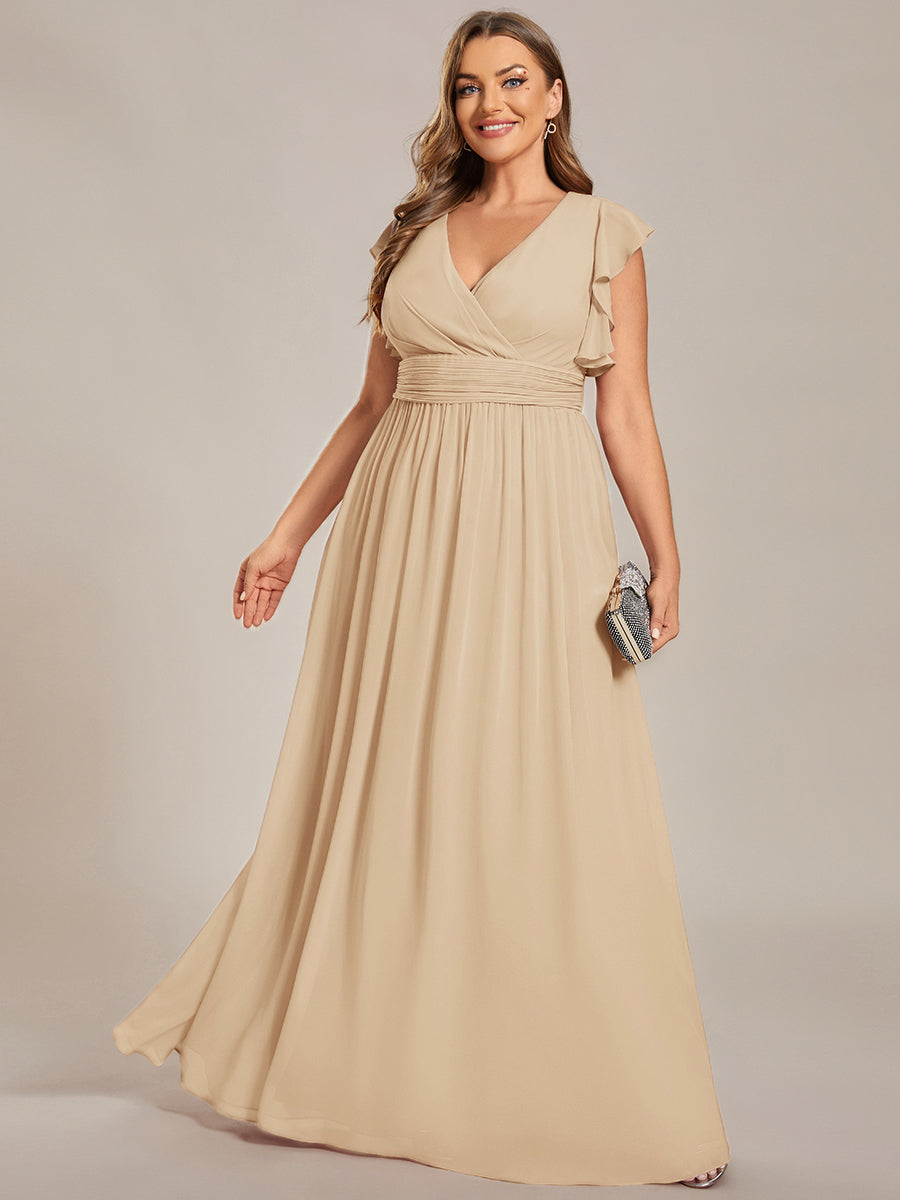 Back Cutout A-Line Pleated Ruffles Sleeve Chiffon Bridesmaid Dress #color_Champagne