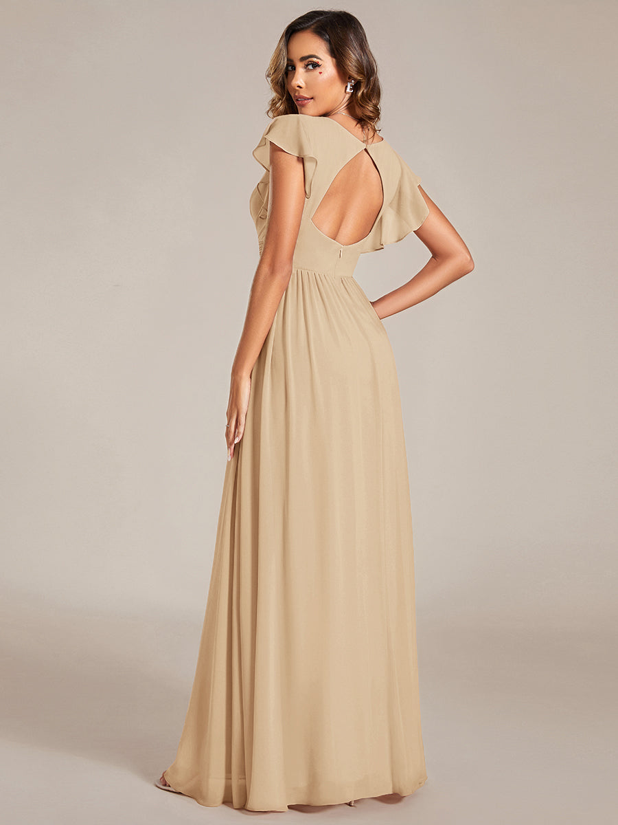 Back Cutout A-Line Pleated Ruffles Sleeve Chiffon Bridesmaid Dress #color_Champagne