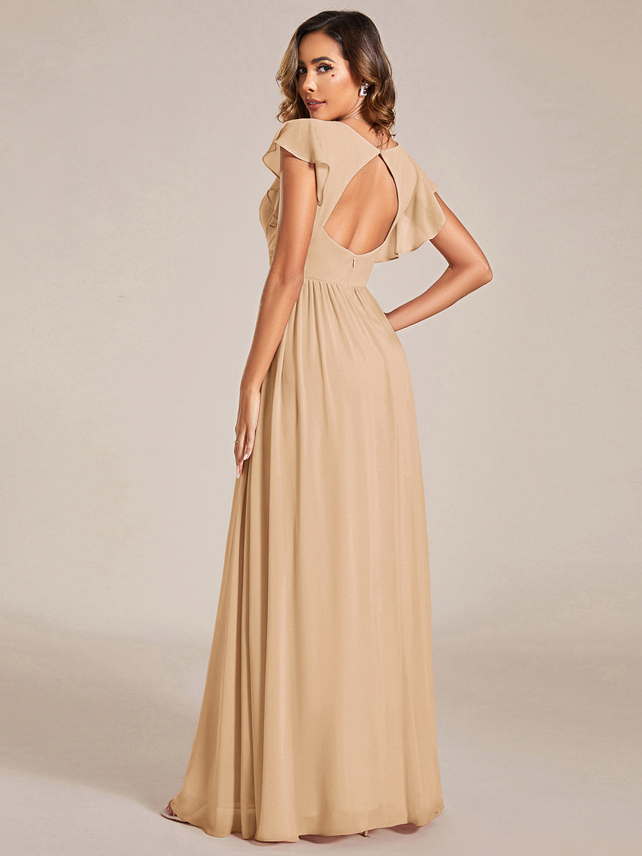 Pleated Chiffon Ruffle Sleeve Bridesmaid Dress #color_Champagne