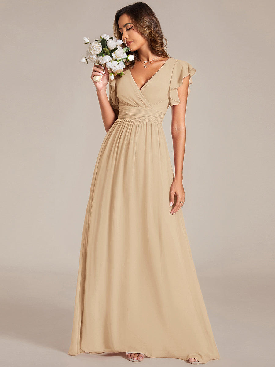 Back Cutout A-Line Pleated Ruffles Sleeve Chiffon Bridesmaid Dress #color_Champagne