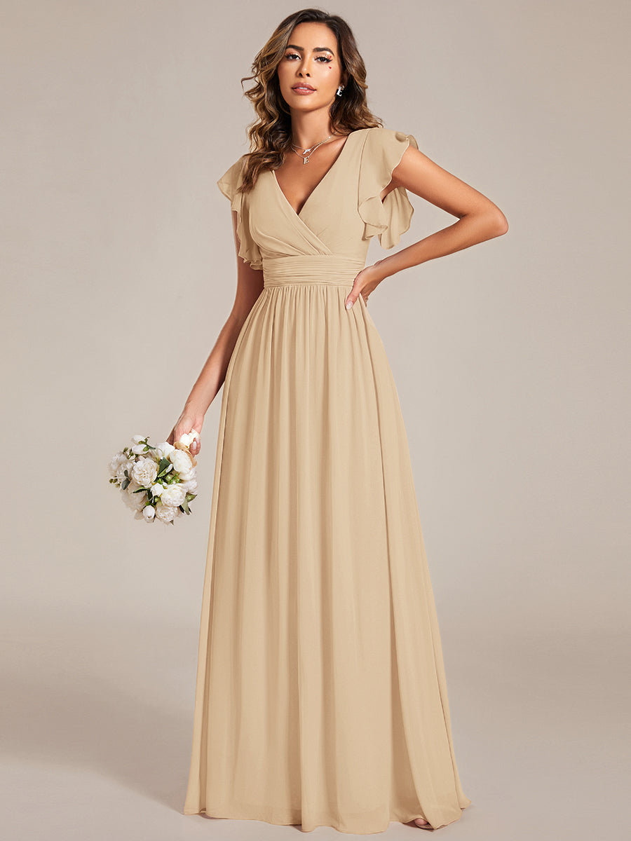 Back Cutout A-Line Pleated Ruffles Sleeve Chiffon Bridesmaid Dress #color_Champagne