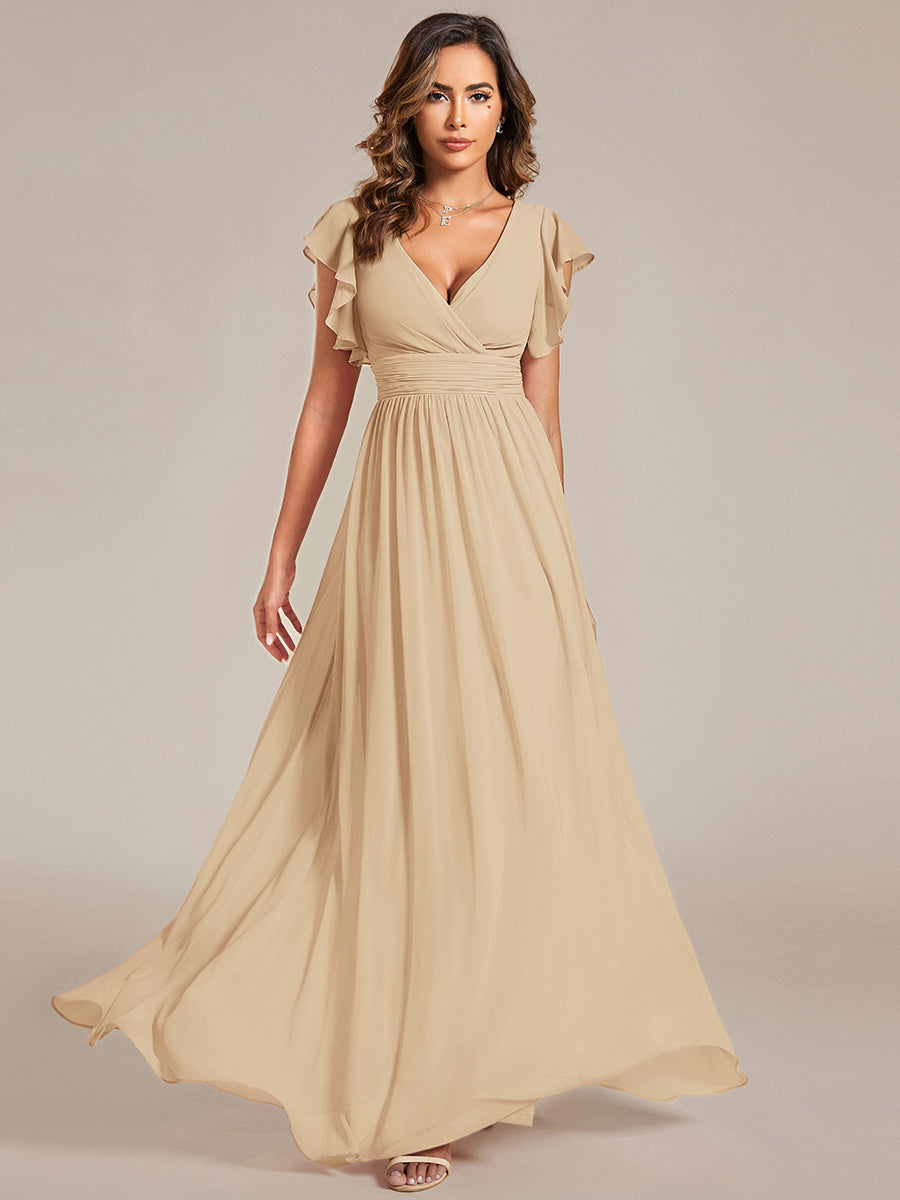 Pleated Chiffon Ruffle Sleeve Bridesmaid Dress #color_Champagne