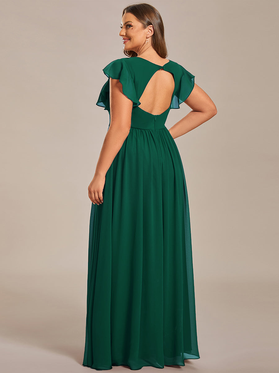 Pleated Chiffon Ruffle Sleeve Bridesmaid Dress #color_Dark Green