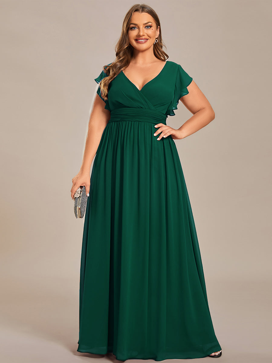 Pleated Chiffon Ruffle Sleeve Bridesmaid Dress #color_Dark Green