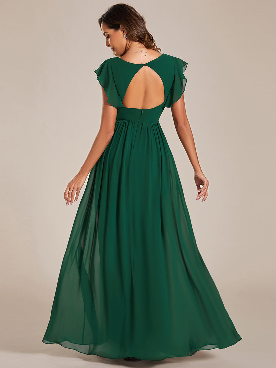 Pleated Chiffon Ruffle Sleeve Bridesmaid Dress #color_Dark Green