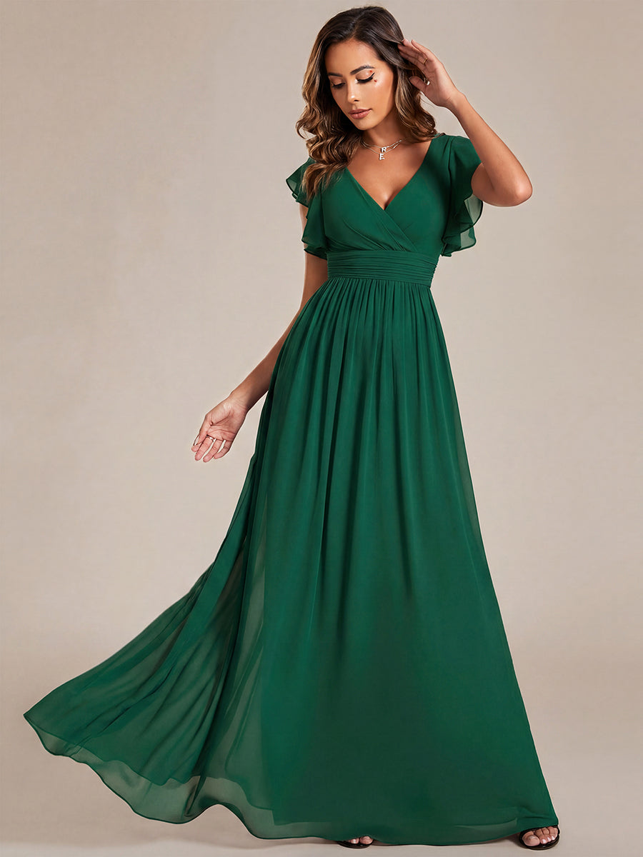 Pleated Chiffon Ruffle Sleeve Bridesmaid Dress #color_Dark Green