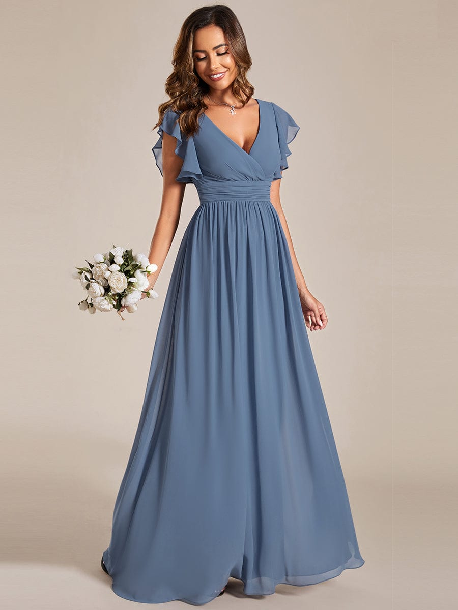Back Cutout A-Line Pleated Ruffles Sleeve Chiffon Bridesmaid Dress #color_Dusty Blue
