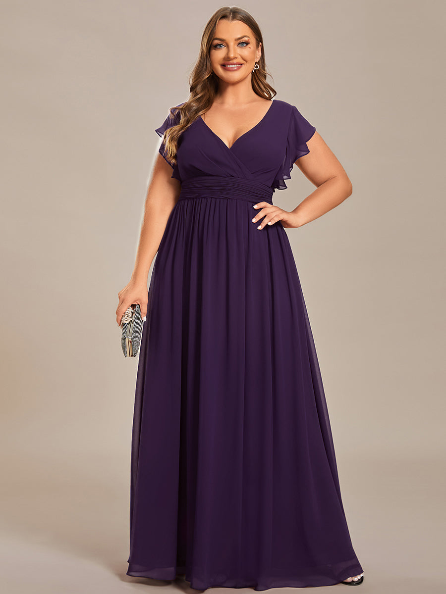 Pleated Chiffon Ruffle Sleeve Bridesmaid Dress #color_Dark Purple
