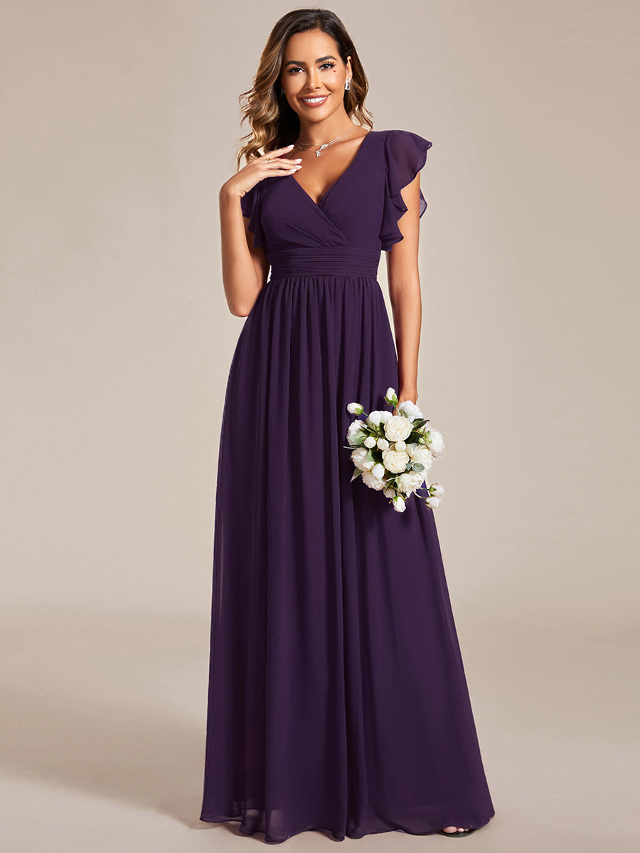 Pleated Chiffon Ruffle Sleeve Bridesmaid Dress #color_Dark Purple