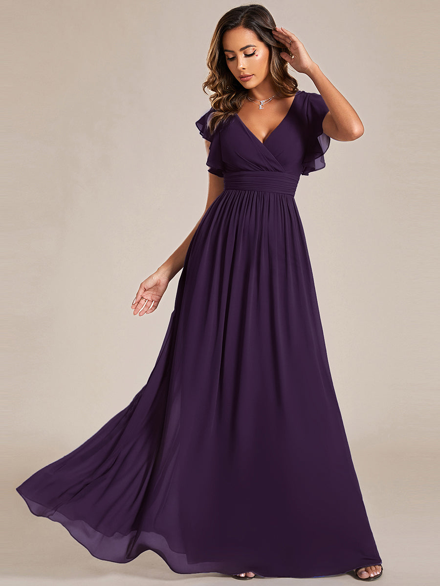 Pleated Chiffon Ruffle Sleeve Bridesmaid Dress #color_Dark Purple