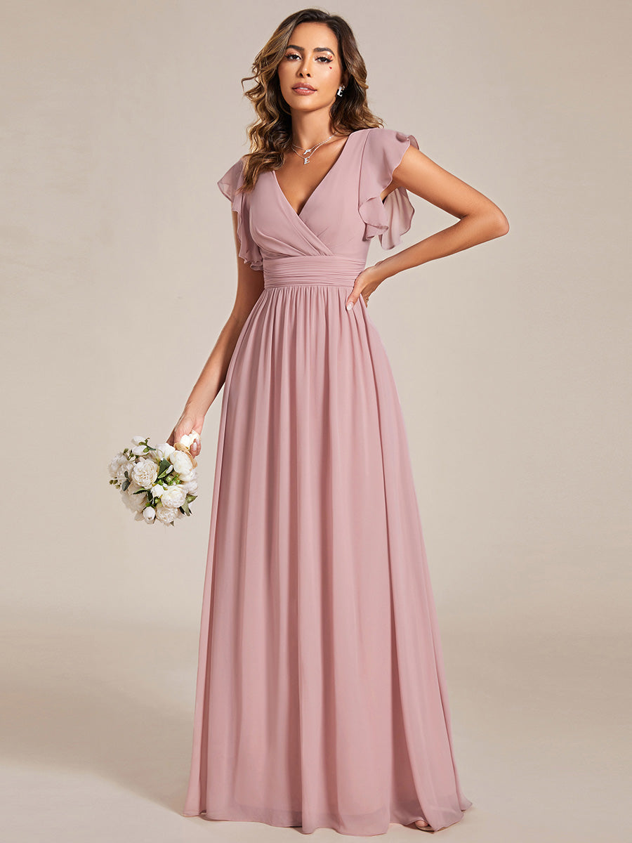 Pleated Chiffon Ruffle Sleeve Bridesmaid Dress #color_Dusty Rose