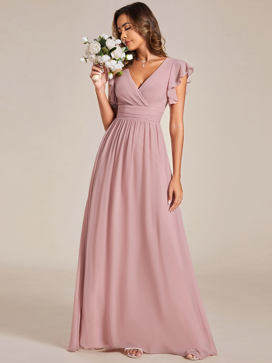 Pleated Chiffon Ruffle Sleeve Bridesmaid Dress #color_Dusty Rose