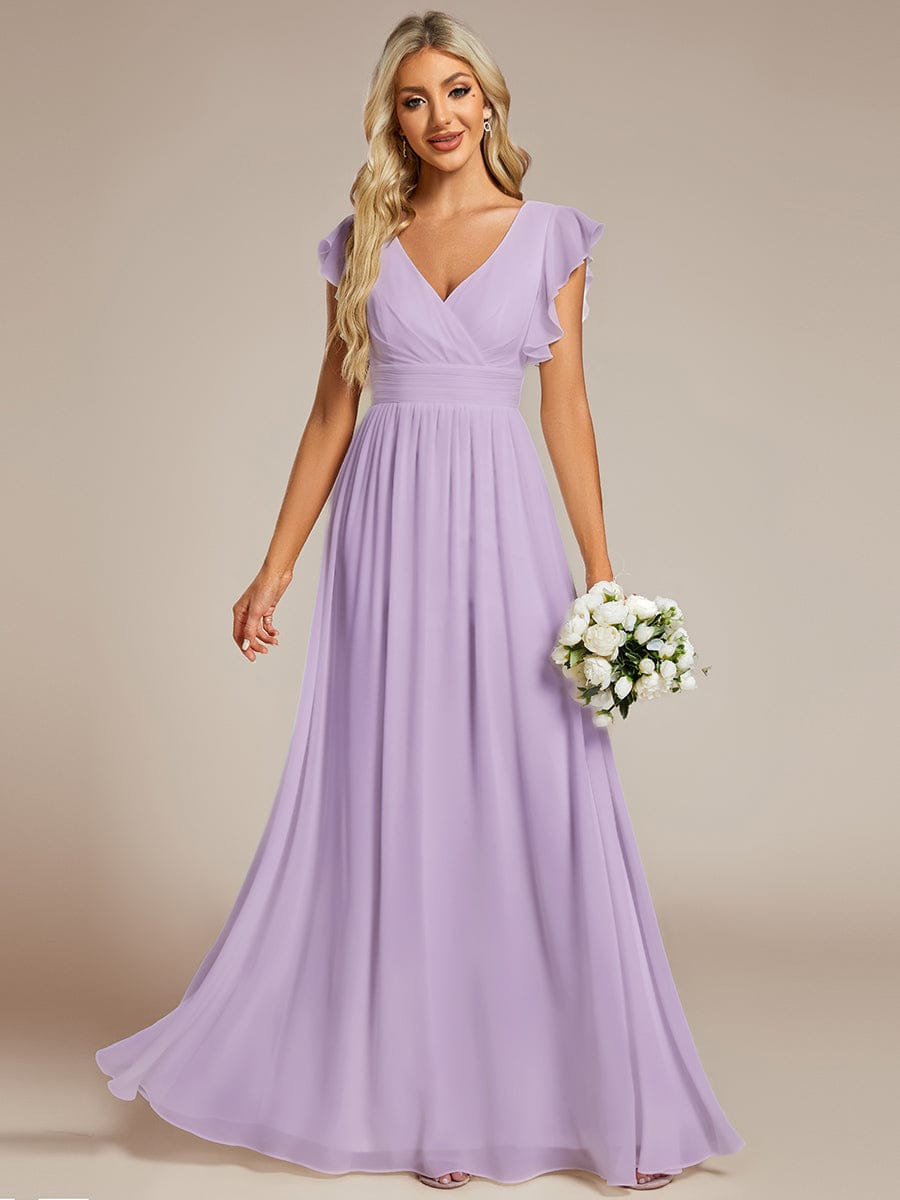 Ruffles Sleeve Back Cutout A-Line Maxi Chiffon Bridesmaid Dress #color_Frosted Lilac