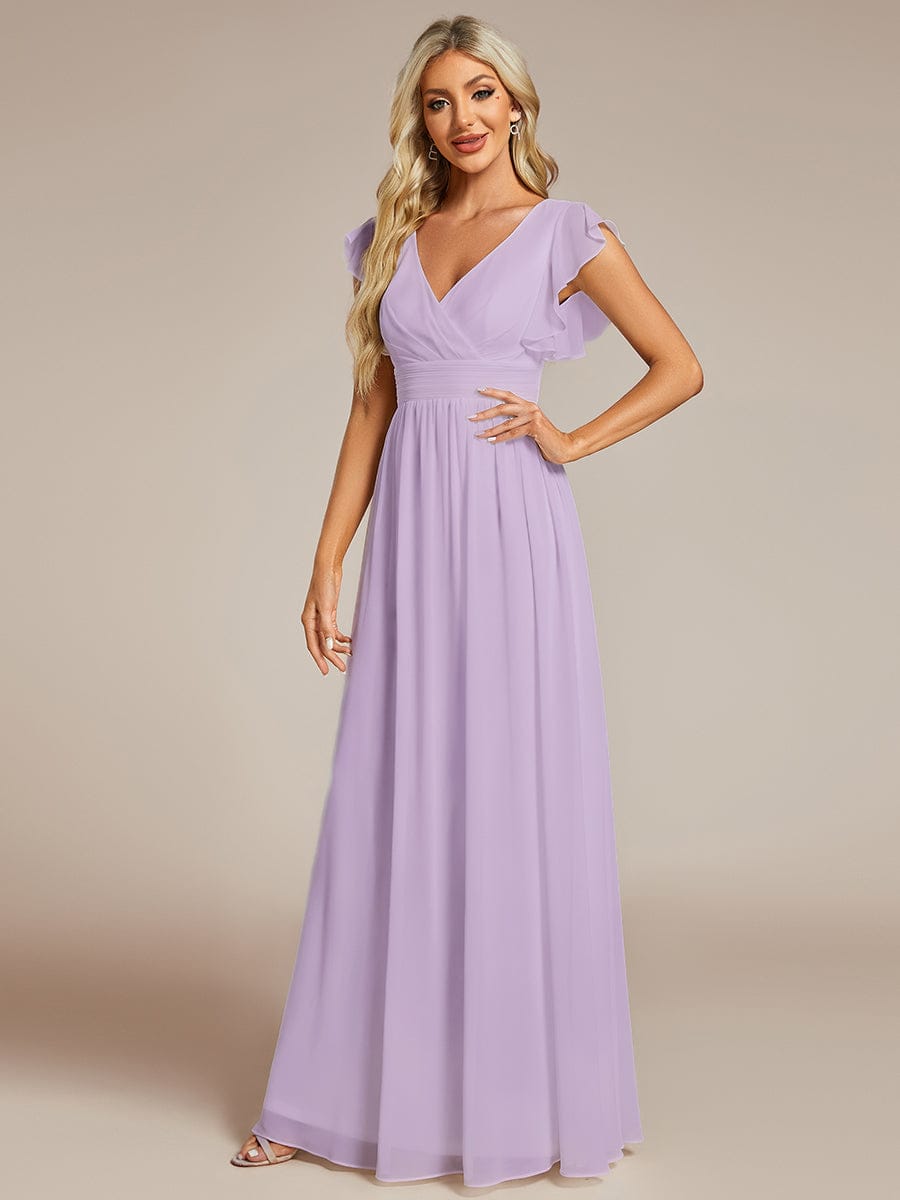 Ruffles Sleeve Back Cutout A-Line Maxi Chiffon Bridesmaid Dress #color_Frosted Lilac