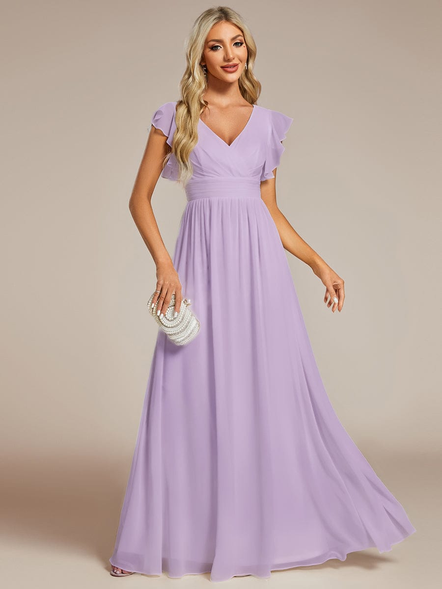 Ruffles Sleeve Back Cutout A-Line Maxi Chiffon Bridesmaid Dress #color_Frosted Lilac